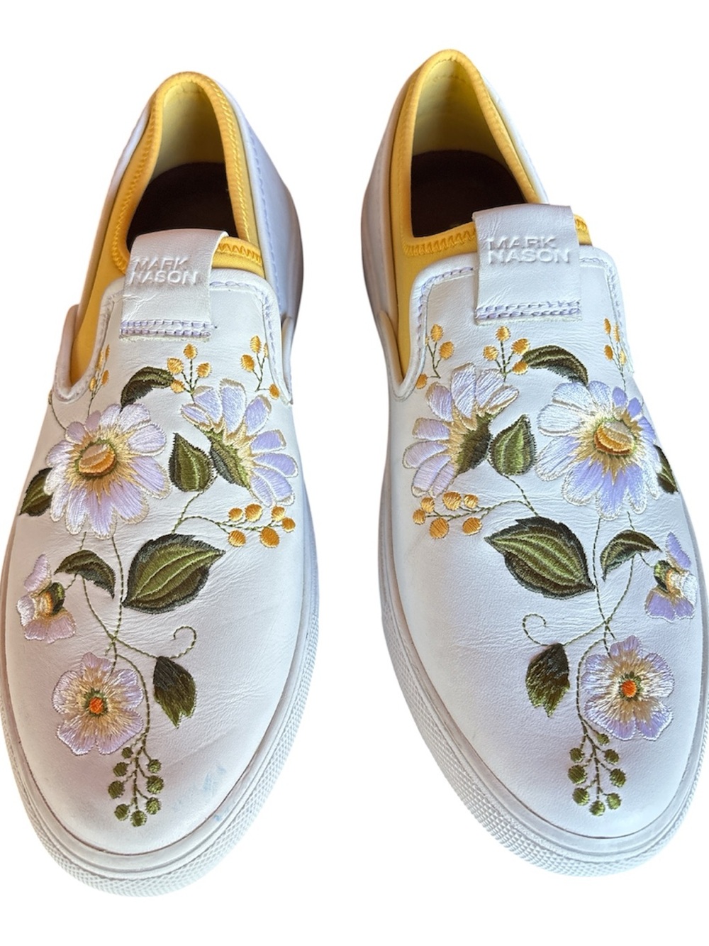 Mark Nason White Slip-On Sneakers with white  and Yellow Floral Embroidery